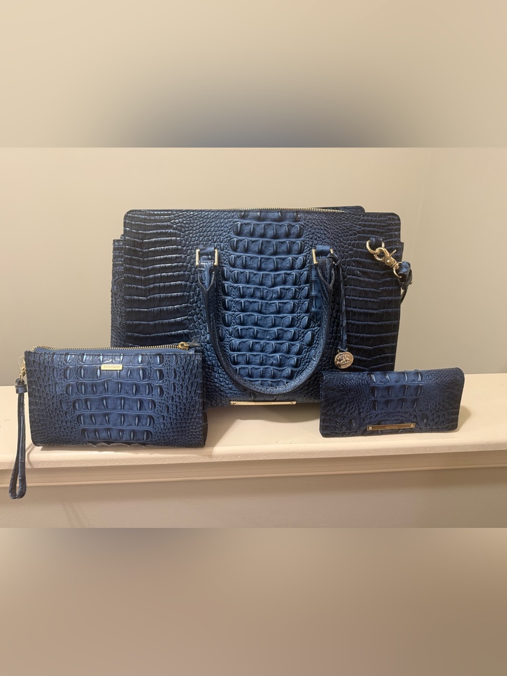 Brahmin Finley Deep Navy Croc-Embossed Tote with Matching Daisy pouch and wallet